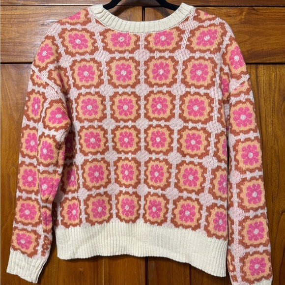 Retro Floral Granny Square Cardigan Sweater Pink Tan Size Small - Picture 3 of 4